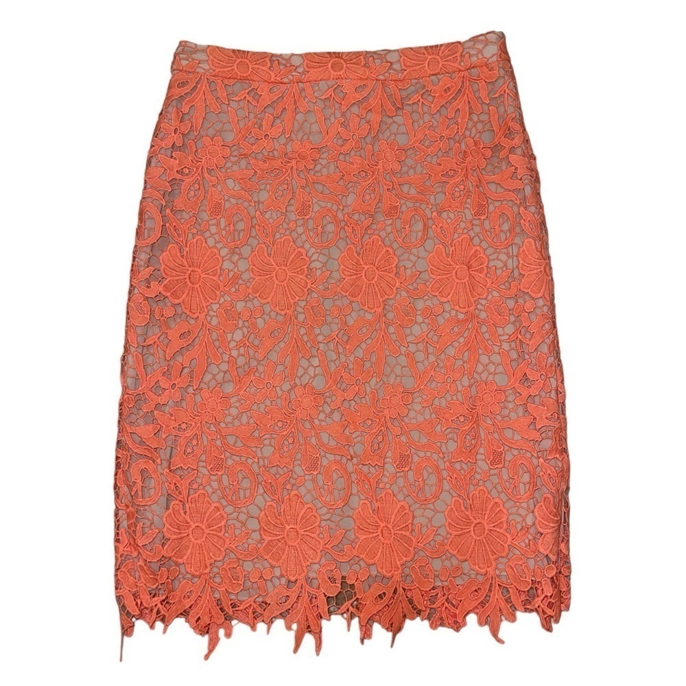 Alice + Olivia Farrel Midi Pencil Skirt in Coral & Nude Floral Lace Size 6 Lined